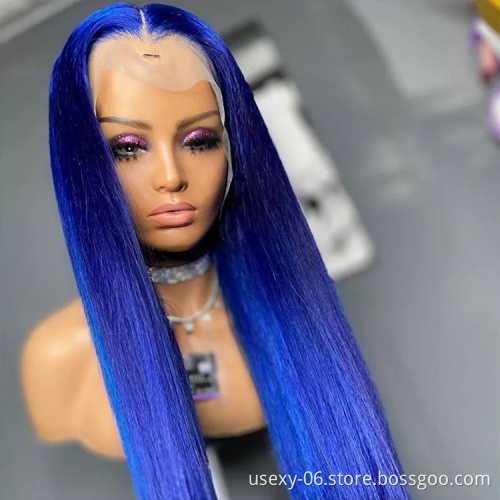 Colourful glueless virgin cuticle aligned lace frontal wigs wholesale 13x6 human hair hd lace front wigs brazilian hair blue wig